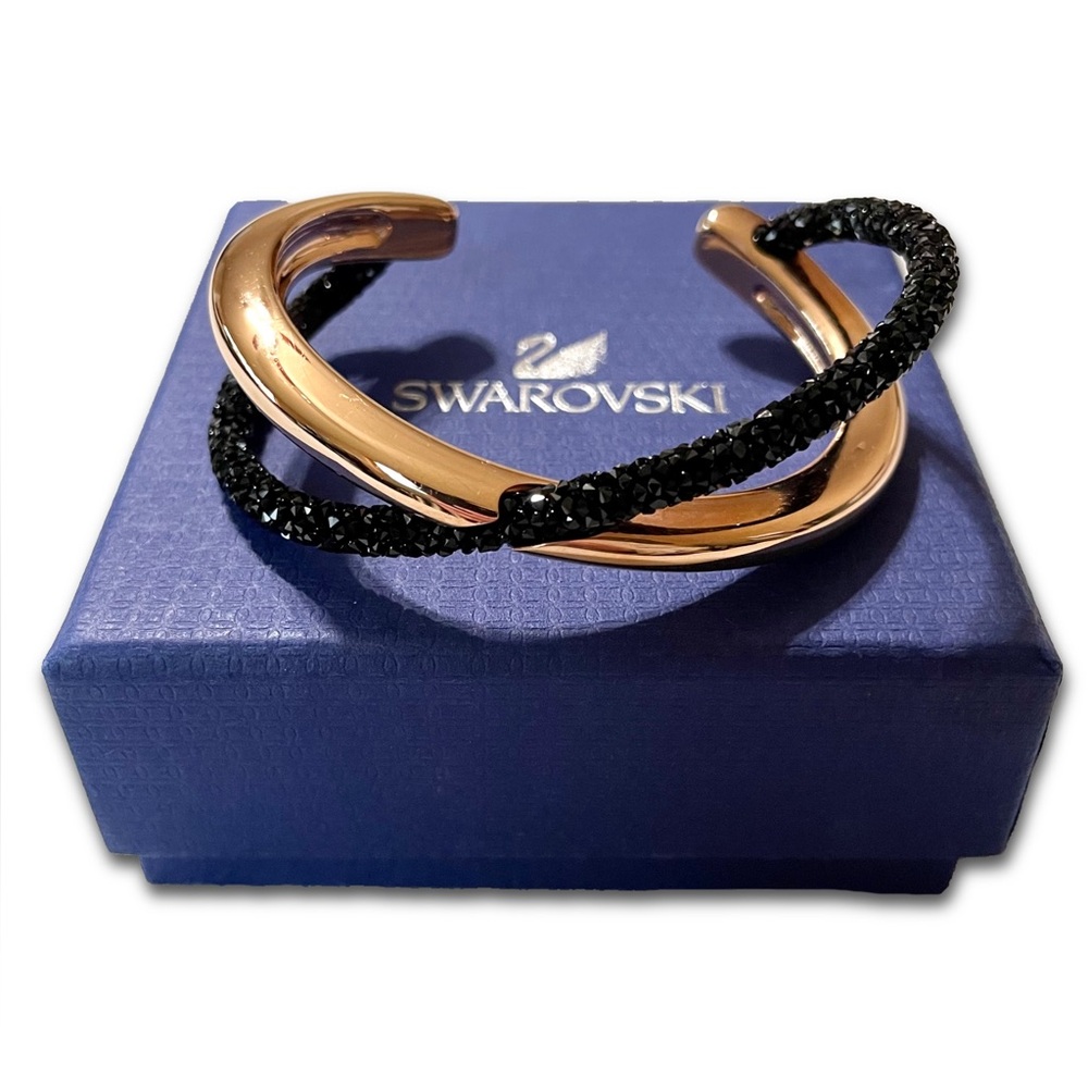 Authentic Swarovski Rose Gold & Black Crystal Dust Cross Cuff Bracelet Bangle
